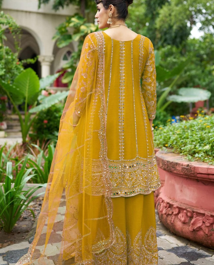 YELLOW - Embroidered and Mirror Work Chinon Salwar Suit In Yellow for Ceremonial